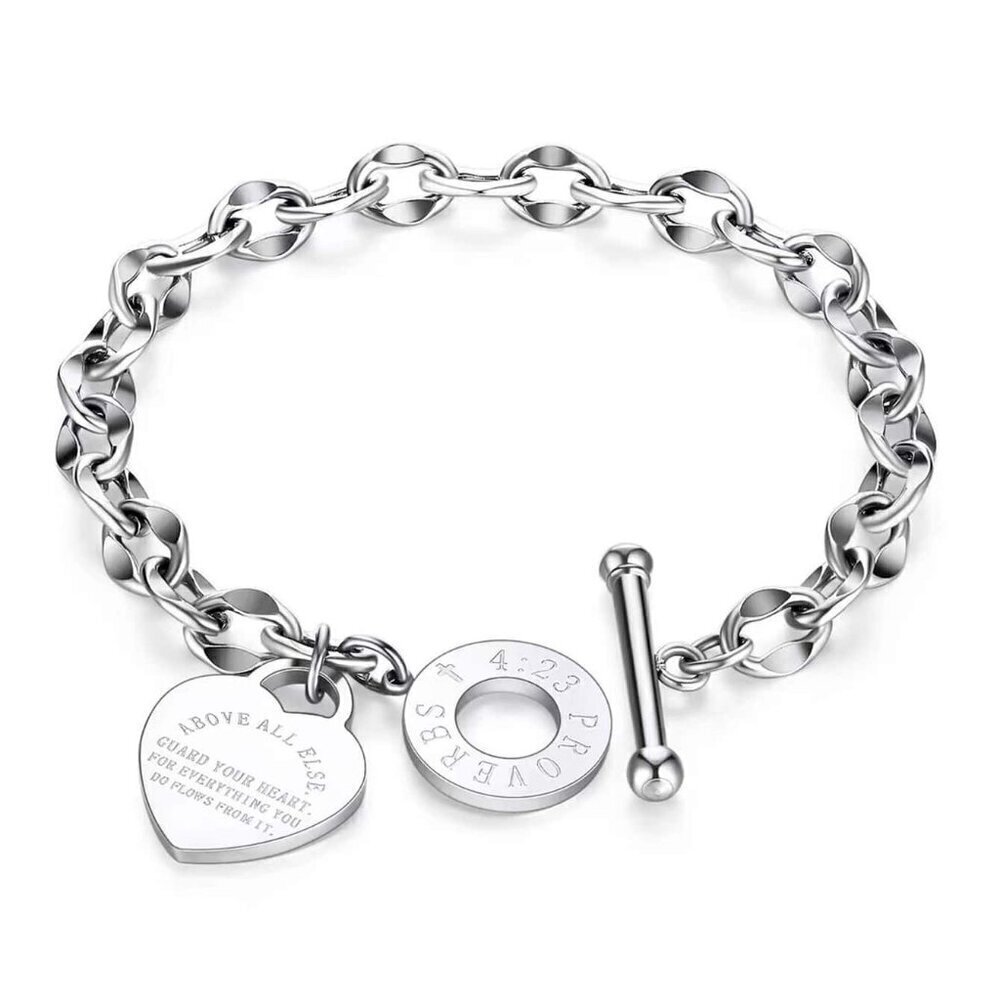 Silver Women's Stainless Steel Classic Heart Engraved Toggle Clasp Bracelet